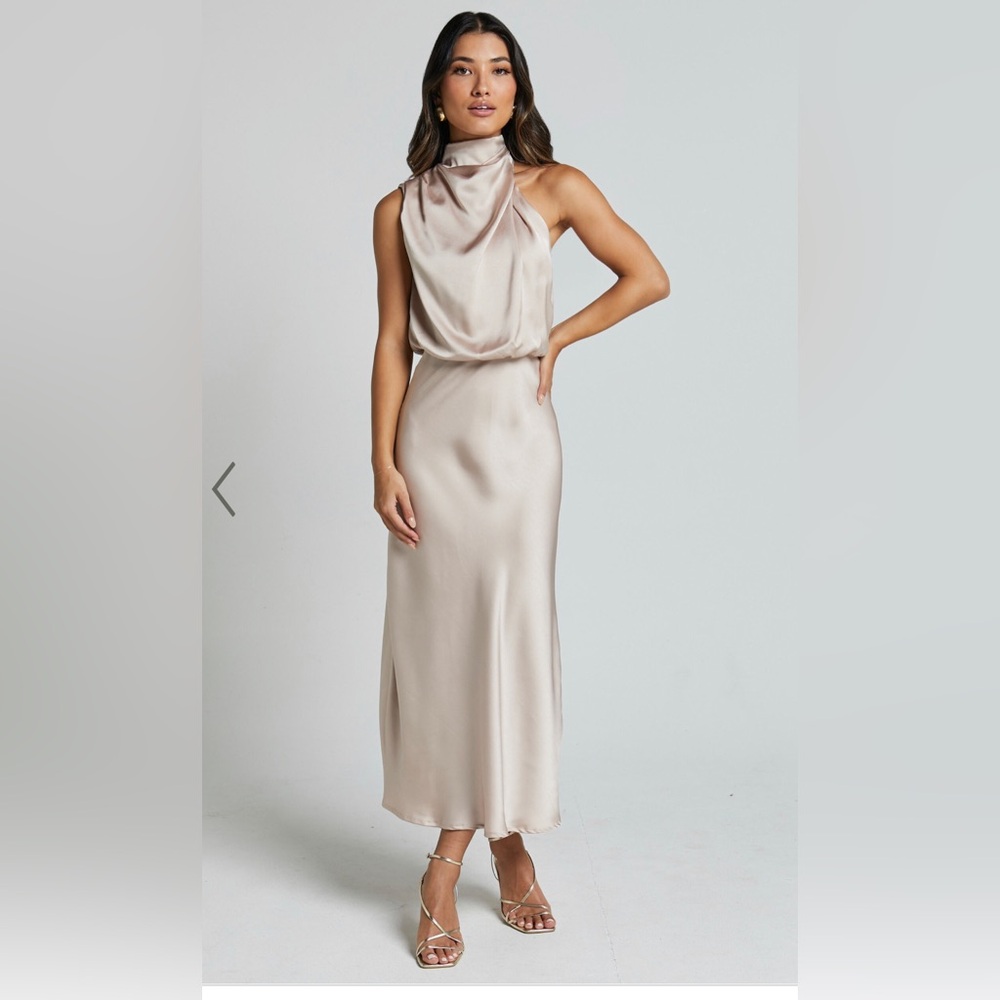 Minnie Midi Dress - Drape Neck Satin Slip Dress in Champagne
